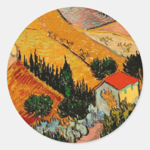 Sticker Rond Van Gogh - Paysage avec maisons et fleurs