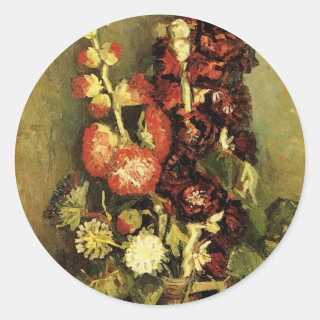 Sticker Rond Vase avec Hollyhocks par Vincent van Gogh (Devant)