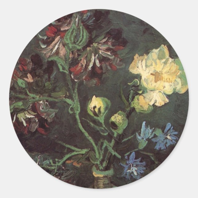 Sticker Rond Vase avec Myosotis et Peonies par Vincent van Gogh (Devant)