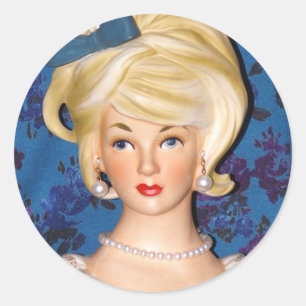 Sticker Rond Vase de tête vintage Ado Gros cheveux Bleu Bow