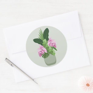 Sticker Rond Vase vert à fleurs roses de Medinilla tropicale