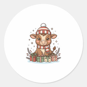 Sticker Rond Veau de Noël mignon avec cadeaux Vintage Vector_1