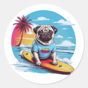 Sticker Rond Vector dog surf dans les vagues