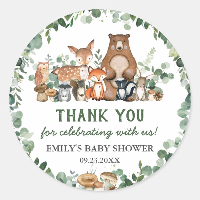 Sticker Rond Végétal Bois Animaux Baby shower Anniversaire Cl (Devant)