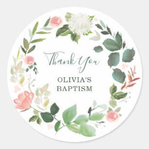 Sticker Rond Végétation et aquarelle florale rose   Merci