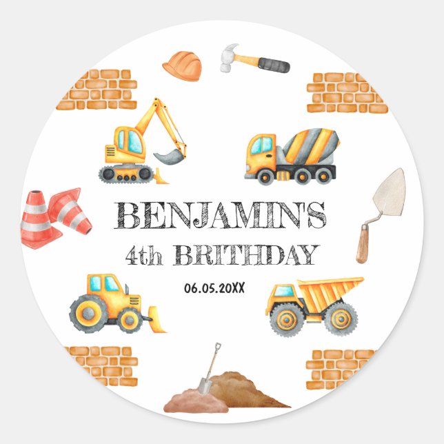 Sticker Rond Véhicules de construction Garçon fête d'anniversai (Devant)