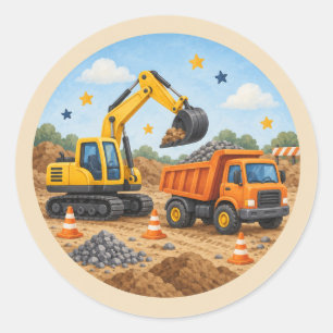Sticker Rond Véhicules de construction pour la fête d'anniversa