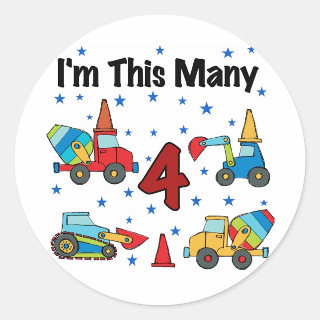 Sticker Rond Véhicules de construction T-shirts 4e anniversaire (Devant)