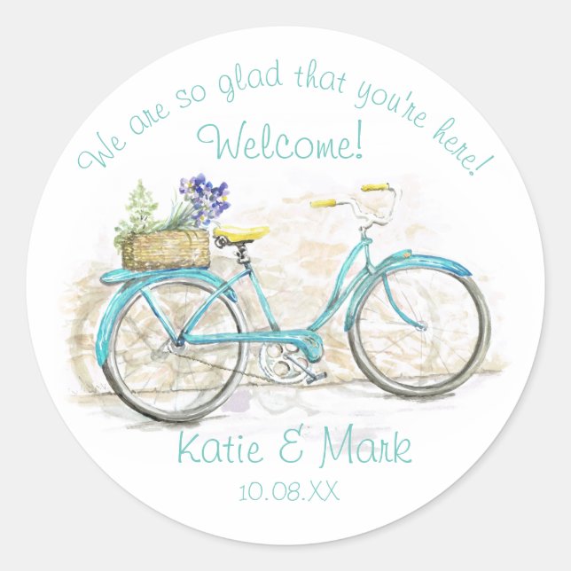 Sticker Rond Vélo avec panier Aqua Welcome (Devant)