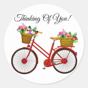 Sticker Rond Vélo Rouge Avec Panier De Fleurs