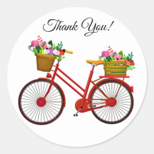 Sticker Rond Vélo Rouge Avec Panier De Merci Fleurs