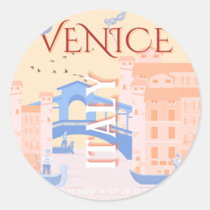 Sticker Rond Venice Travel Art, Italie, Travel Art, Retro