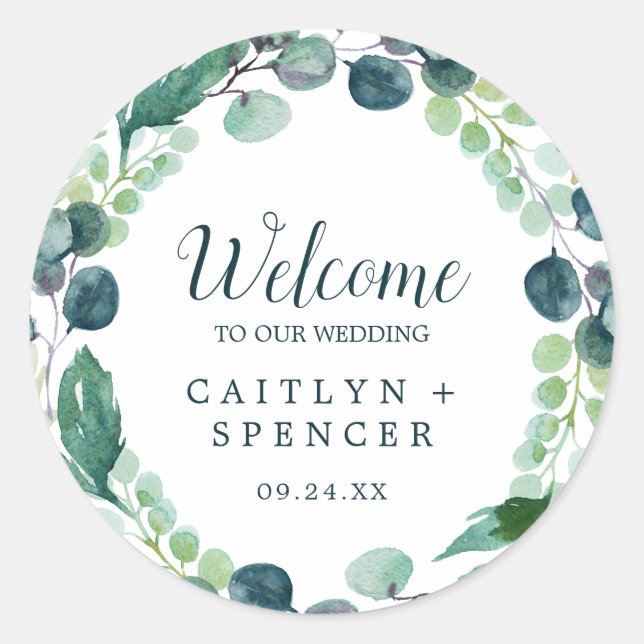 Sticker Rond Verdure luxuriante et Mariage Eucalyptus Bienvenue (Devant)