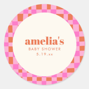 Sticker Rond Vérificateur Abstrait Rose Orange Baby Shower Pers