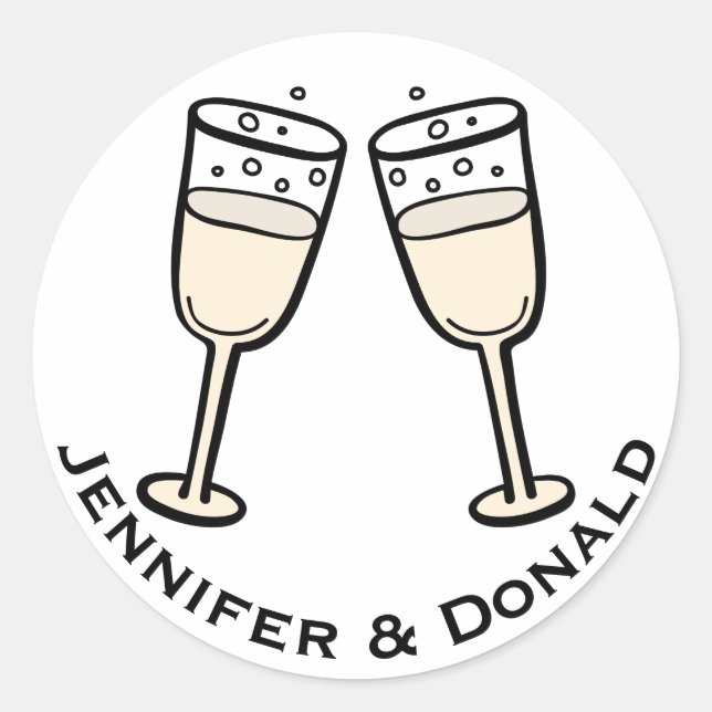 Sticker Rond Verre Champagne personnalisé Mariage noir et blanc (Devant)