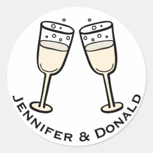 Sticker Rond Verre Champagne personnalisé Mariage noir et blanc