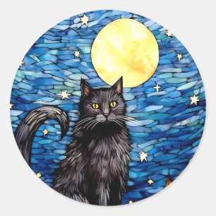 Sticker Rond Verre tendu Chat noir Starry nuit