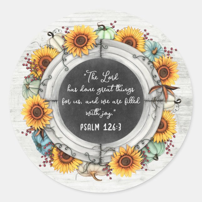 Sticker Rond Verset biblique de Thanksgiving rustique tournesol (Devant)
