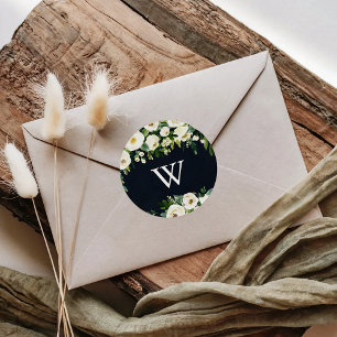 Sticker Rond Vert Blanc Floral Royal Blue Monogram Mariage
