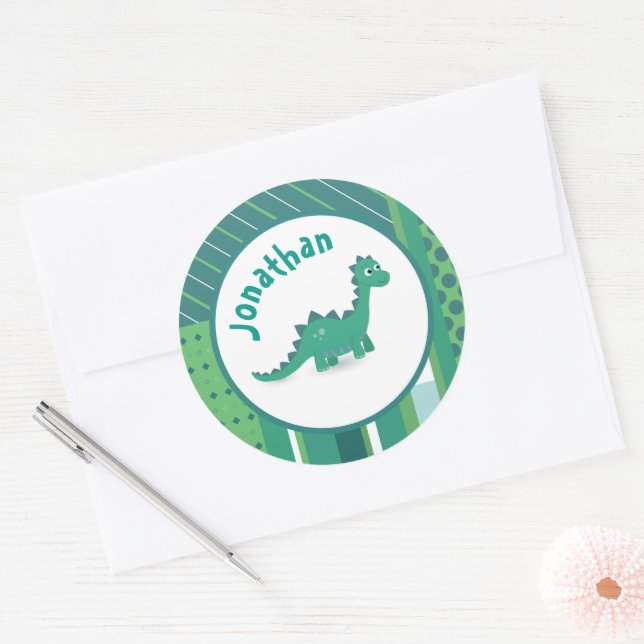 Sticker Rond Vert/bleu avec animal de dinosaure mignon (Enveloppe)