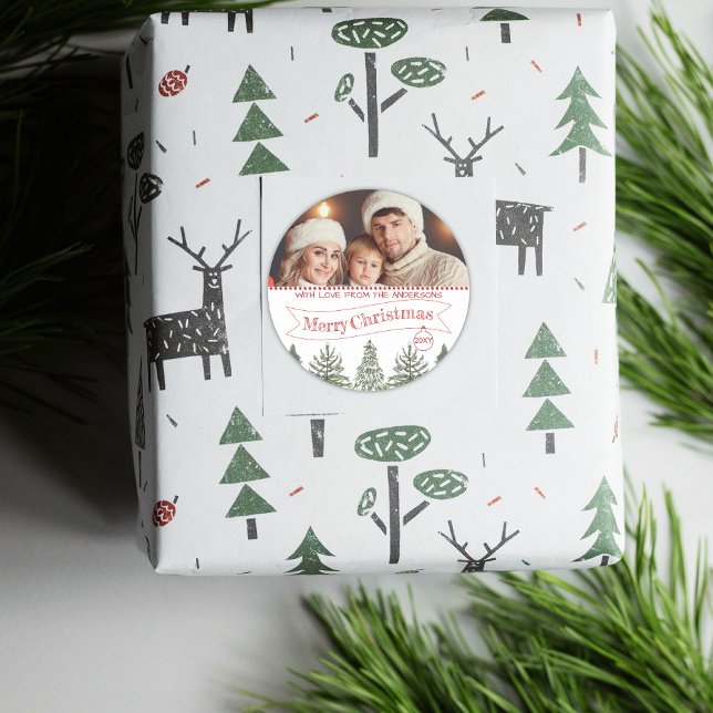 Sticker Rond Vert botanique Rouge vert photo Joyeux Noël (Créateur téléchargé)