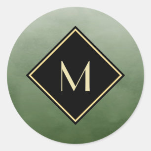 Sticker Rond Vert Brossé Élégant Avec Monogramme Or Simple