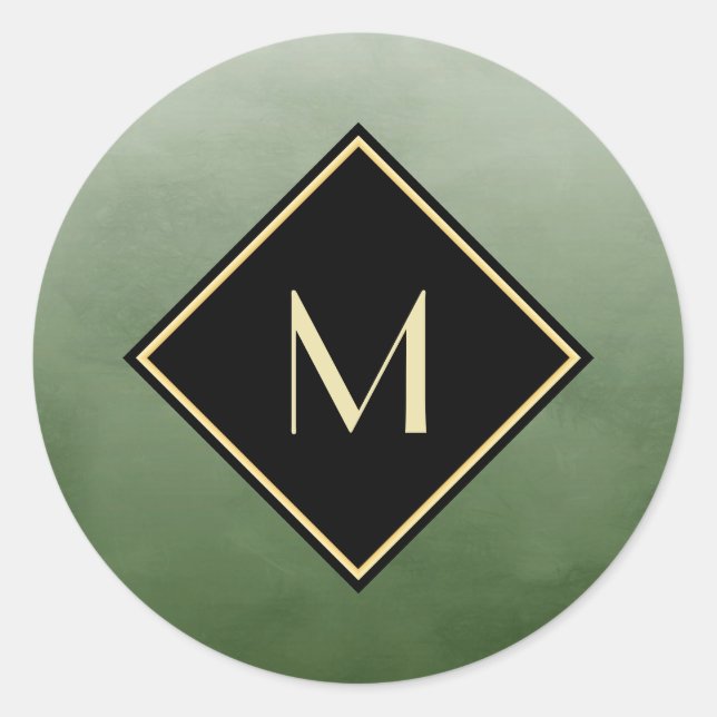 Sticker Rond Vert Brossé Élégant Avec Monogramme Or Simple (Devant)