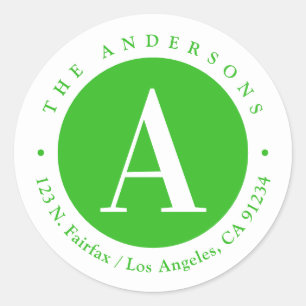 Sticker Rond Vert et blanc   Adresse de retour du monogramme