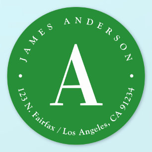 Sticker Rond Vert et blanc Adresse de retour du monogramme