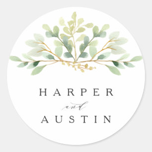 Sticker Rond Vert feuillage Aquarelle Mariage botanique