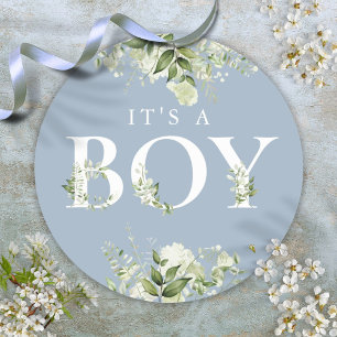 Sticker Rond Vert Floral Dusty Bleu C'est un Baby shower garçon