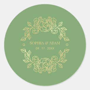 Sticker Rond Vert Floral Élégant Minimaliste Et Couleur Dorée