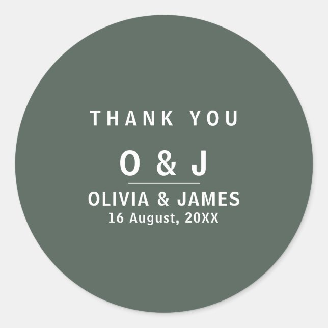 Sticker Rond Vert Foncé | Merci Mariage minimaliste Scandi (Devant)