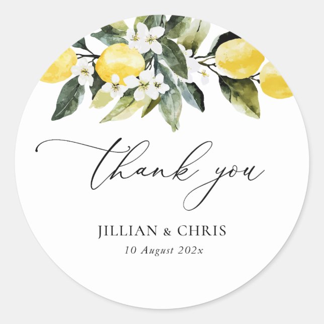 Sticker Rond Vert moderne Citron Floral Mariage Merci (Devant)