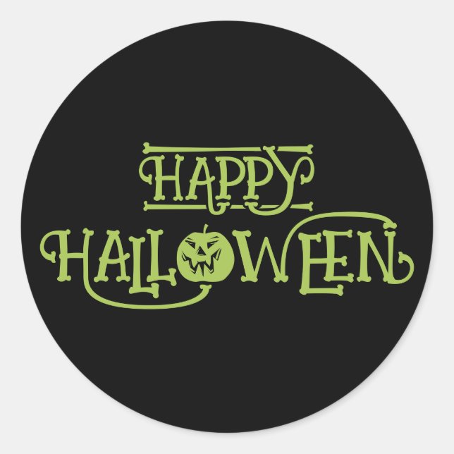 Sticker Rond Vert noir Jack-o'-lantern citrouille Joyeux Hallow (Devant)