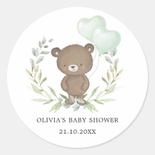 Sticker Rond Vert Ours Teddy Simple Baby shower Élégant