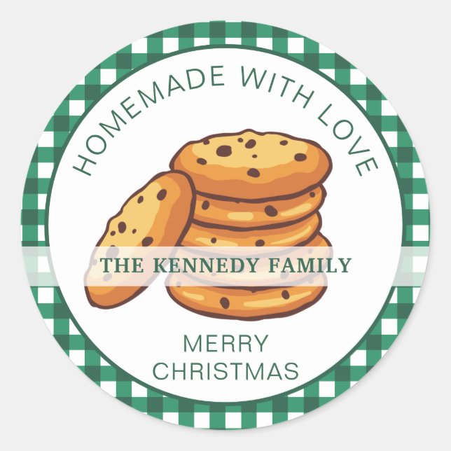 Sticker Rond Vert Plaid Cuit Avec Amour Cookies De Noël (Devant)