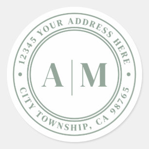 Sticker Rond Vert Sauge Monogramme Adresse de Retour