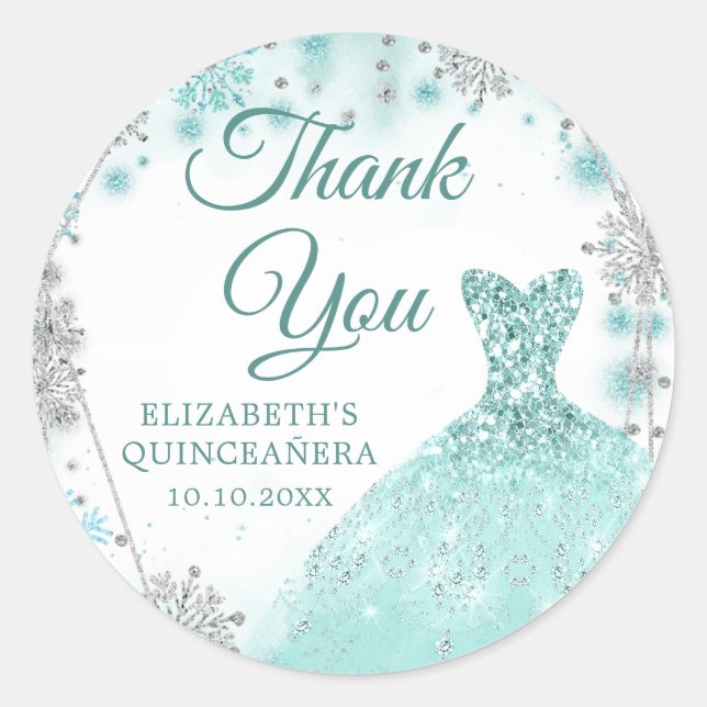 Sticker Rond Vert Turquoise argent hiver Quinceañera Merci (Devant)