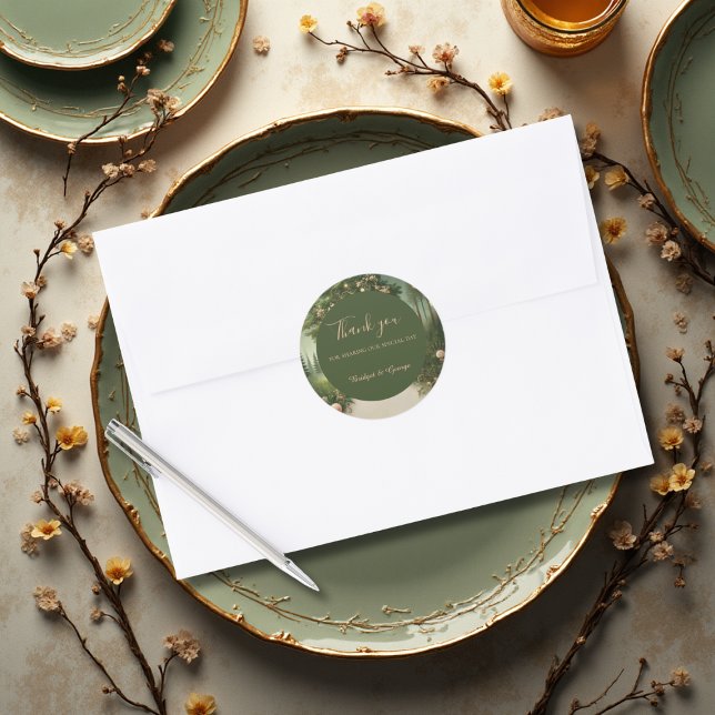 Sticker Rond vert Whimsical Médiéval Forêt Mariage merci (Créateur téléchargé)