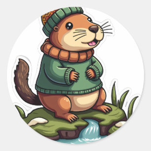 Sticker Rond Vêtement de tricot d'hiver capybara confortable Ru