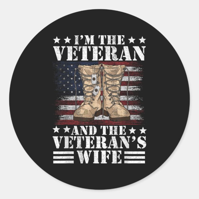 Sticker Rond Vétéran &amp; Femme Fière Épouse américaine Vétéra (Devant)