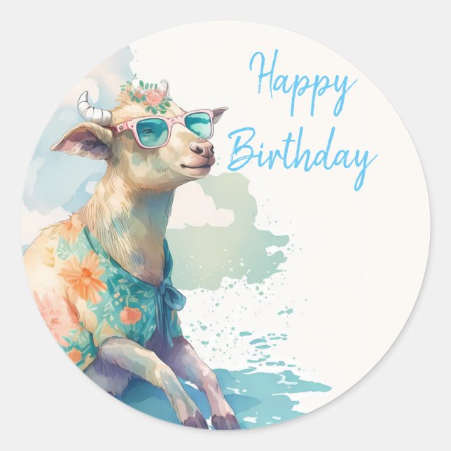 Sticker Rond Vibes d'été Aquarelle chèvre - Joyeux anniversaire (Devant)