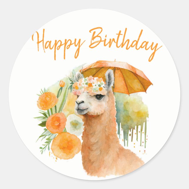 Sticker Rond Vibes d'été aquarelle Llama - Joyeux anniversaire (Devant)