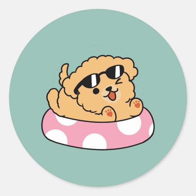 Sticker Rond Vibes d'été Chien - Chiot flottant avec lunettes d (Devant)