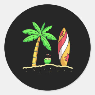 Sticker Rond Vibes d'été Palmiers Planche de Surf Surfiste Noix