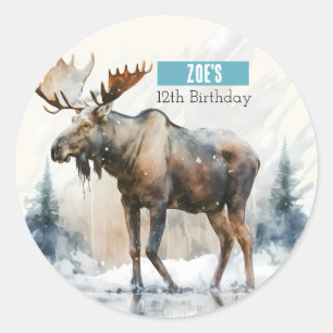 Sticker Rond Vibes d'hiver Aquarelle Moose - fête d'anniversair