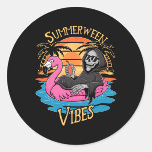 Sticker Rond Vibes Skeleton Flamant rose Halloween Éffrayant ét
