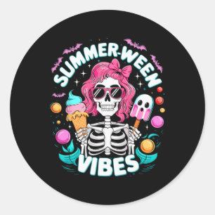 Sticker Rond Vibes Skeleton Vacances Éffrayantes Halloween Été