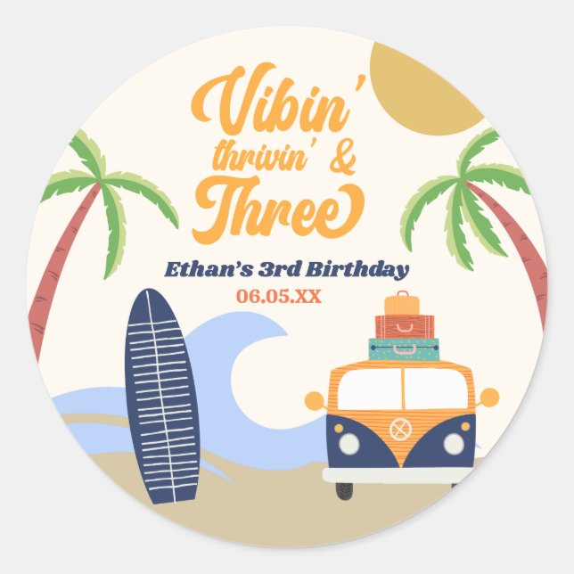 Sticker Rond Vibin' & Trois Surfs Board 3e anniversaire (Devant)